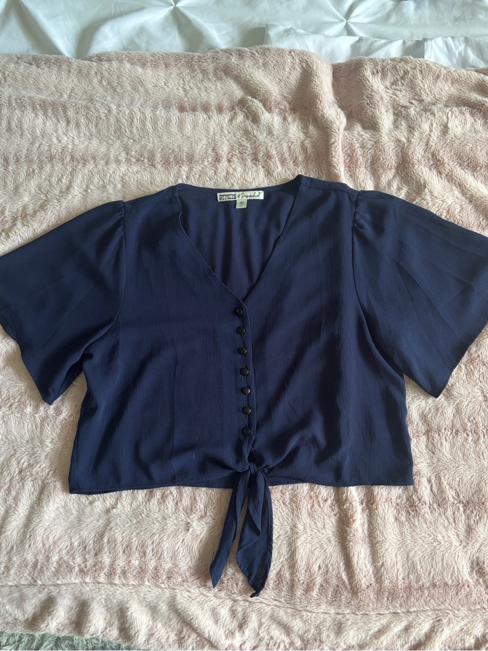 Gypsies & Moondust Navy Button-Front Tie Cropped Blouse